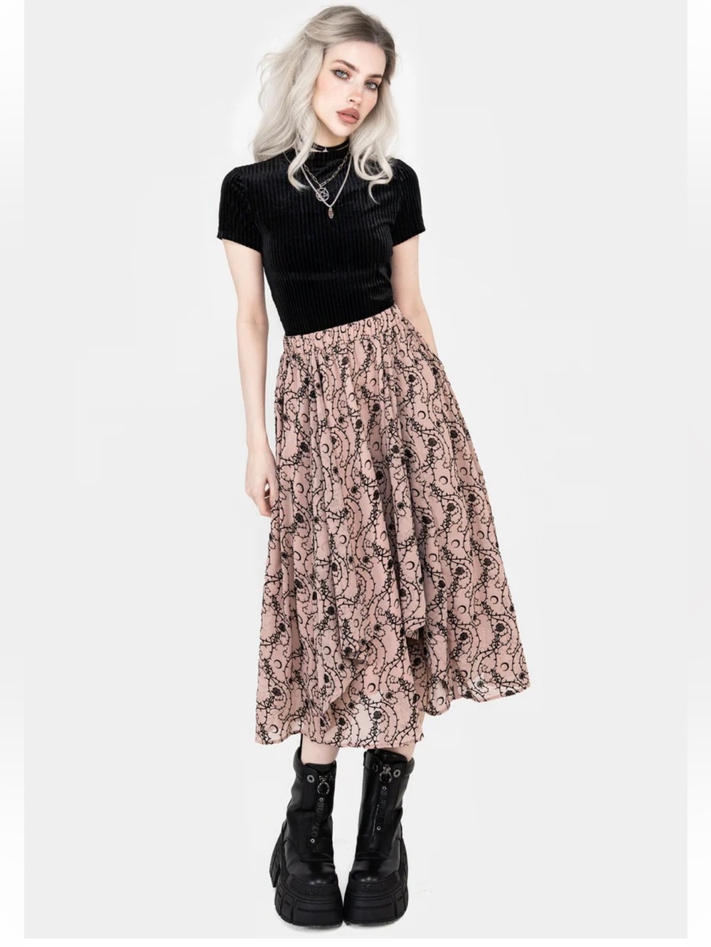 Disturbia Pleated Celestial & Floral Midi Skirt in Dusty Pink 🌸🖤🌙